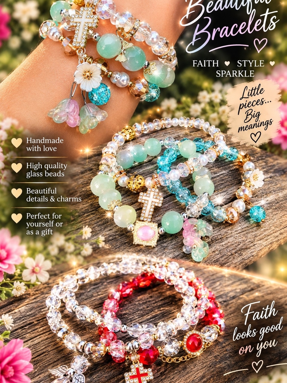 Buyer's Choice! Faith Looks Good On You Beautiful Glass Bead Bracelet Set Of 3